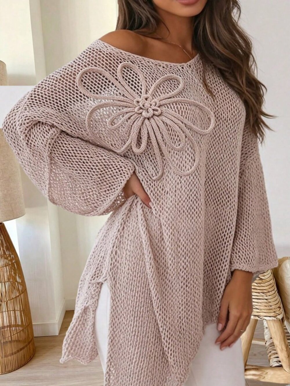 Khaki Casual Women's Loose Asymmetrical Hem Scoop Neck Regular Sleeve Pullovers